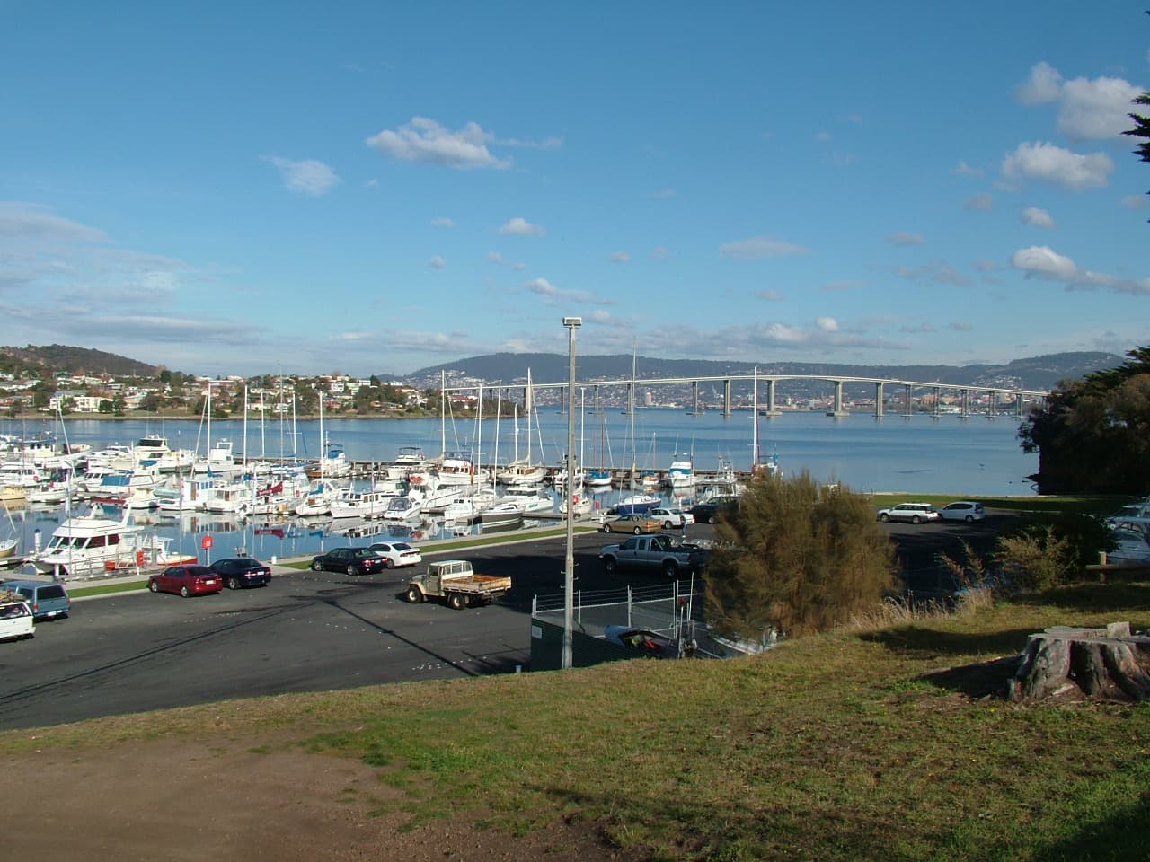 The marina at Lindisfarne Bay, looking over the Motor Yacht Club of Tasmania to the River Derwent