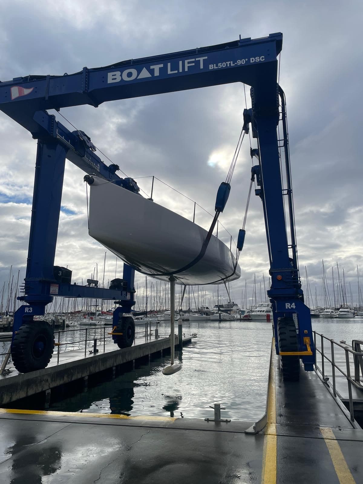 Invicta's Melges 40 hull, hauled out in the travel lift