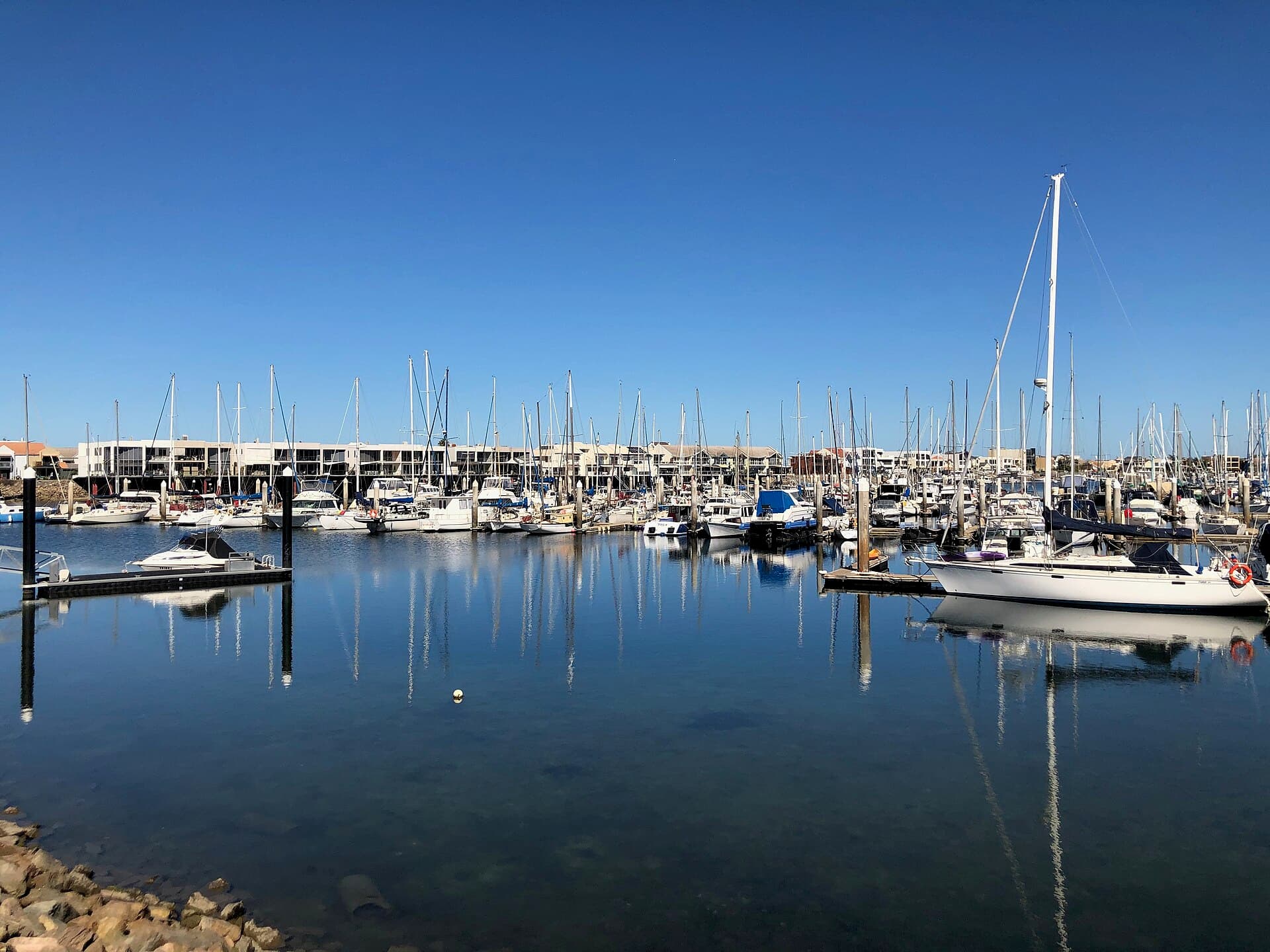 Moored yachts and masts at North Haven Marina, Outer Harbor near Adelaide