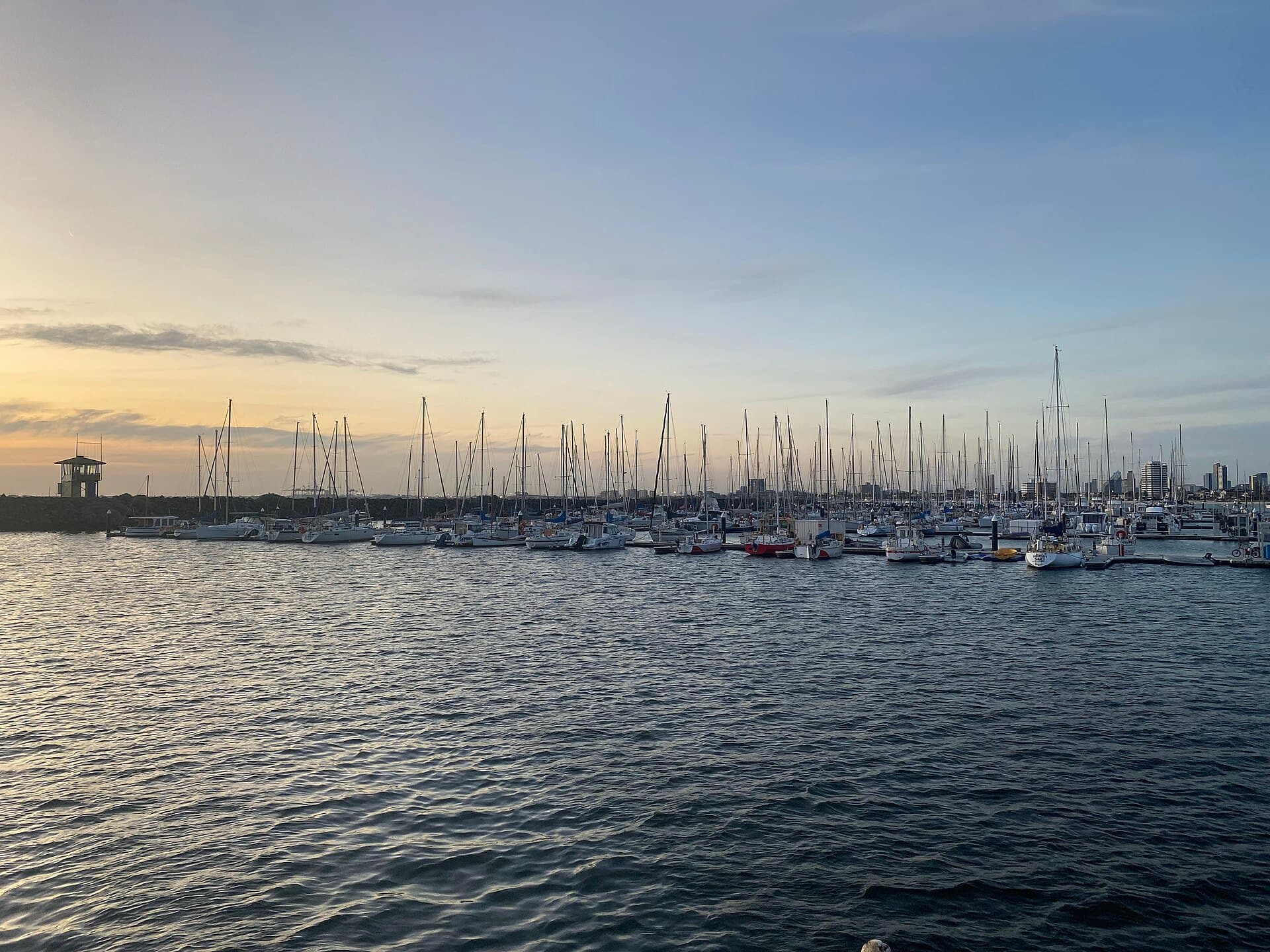 Boats moored at the Royal Melbourne Yacht Squadron marina, viewed from St Kilda Pier