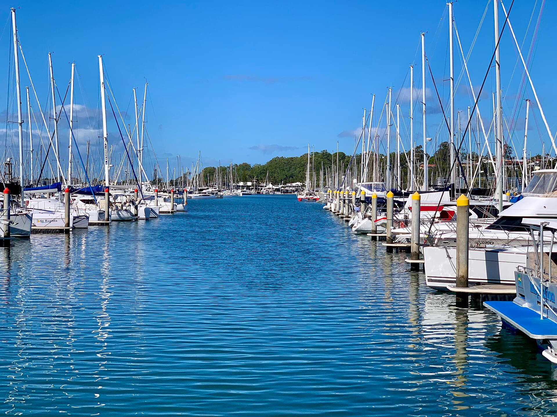 Marina berths and moored boats at Manly Boat Harbour on Moreton Bay